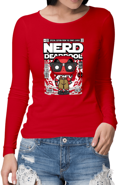Жіночий лонгслів з принтом "Deadpool Nerd". Басейн, герой, дедпул, дивуватися, комікси, мем, мертвий, плівка. Funkotee