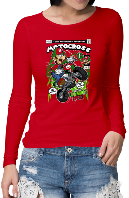 Жіночий лонгслів з принтом "Luigi Motocross". Nintendo, playstaion, автомобіль, гра, зелений маріо, луїджі, маріо. Funkotee