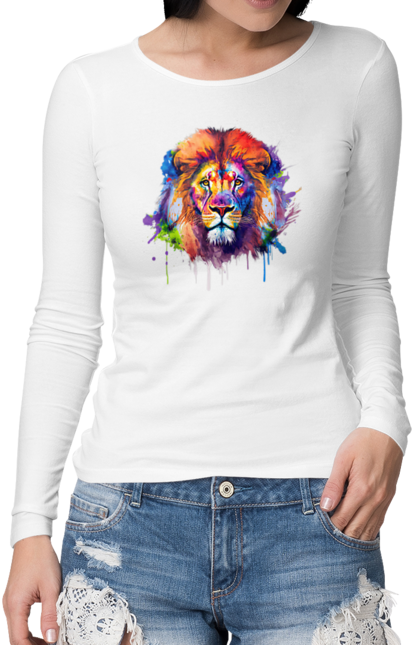 Жіночий лонгслів з принтом "Лев". Арт, кіт, кольорова, лев, тварини, хижак. CustomPrint.market