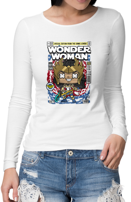 Жіночий лонгслів з принтом "Wonder Woman". Womder, герой, жінка, комікси, комікси dc, чудова жінка. Funkotee