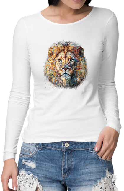 Жіночий лонгслів з принтом "Лев кольоровий". Арт, кіт, лев, мозаїка, тварина. CustomPrint.market