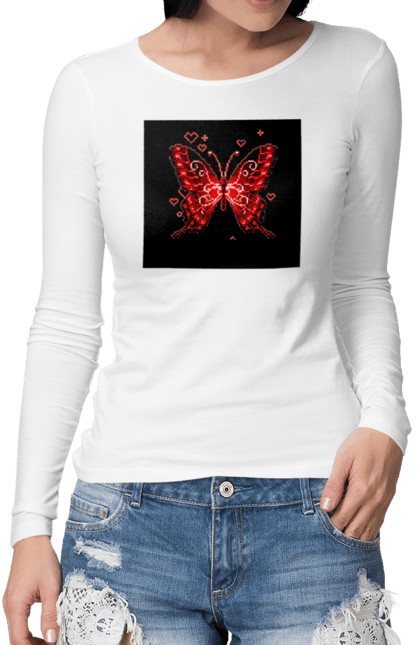 Жіночий лонгслів з принтом "Метелик". Альт, гот, метелик, серця, червоний. CustomPrint.market