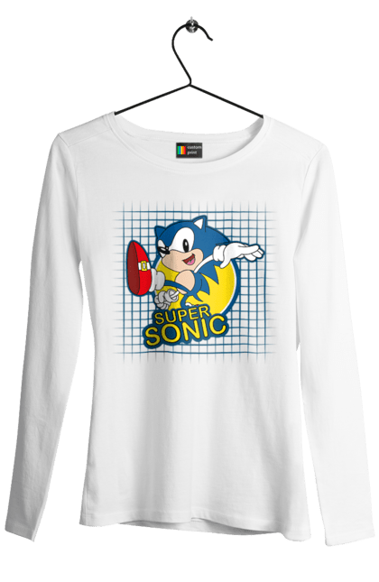 Жіночий лонгслів з принтом "Сонік". Sega, sonic, sonic the hedgehog, відеогра, комікс, мульстеріал, сонік, талисман. CustomPrint.market