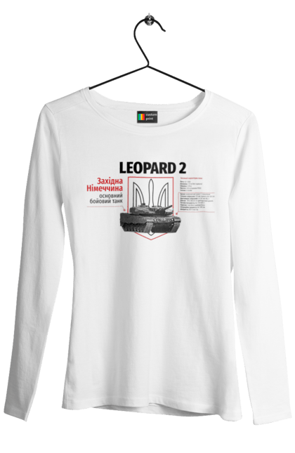 Жіночий лонгслів з принтом "Leopard 2". Leopard 2, залужний, зброя, танк. CustomPrint.market