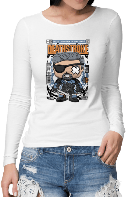 Жіночий лонгслів з принтом "Deathstroke Unmasked". Без масок, бетмен, жартівник, кажан, комікси, комікси dc, людина, смертельний удар, темний король. Funkotee