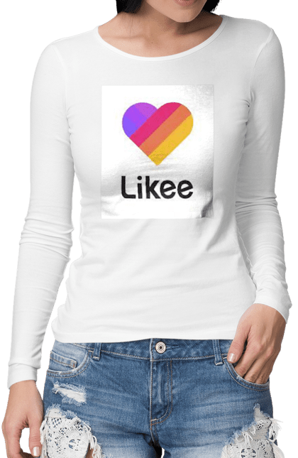 Жіночий лонгслів з принтом "Likee". З капішоном, з кишенями, колір білий, популярна, соцмережа. CustomPrint.market