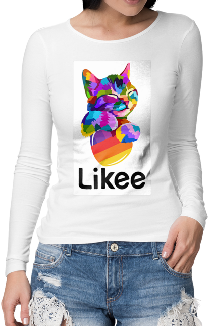 Жіночий лонгслів з принтом "Котик Лайки". Likee, кіт, котик, серце, соціальна мережа. CustomPrint.market