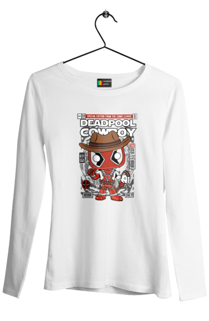 Жіночий лонгслів з принтом "Deadpool Cowboy". Басейн, герой, дедпул, дивуватися, комікси, мем, мертвий, плівка. Funkotee