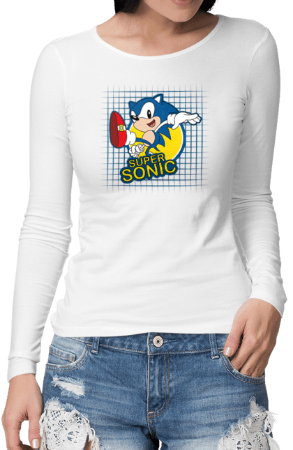 Жіночий лонгслів з принтом "Сонік". Sega, sonic, sonic the hedgehog, відеогра, комікс, мульстеріал, сонік, талисман. CustomPrint.market