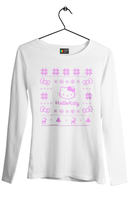 Жіночий лонгслів з принтом "Hello Kitty". Hello kitty, бантик, візерунок, олень, светр з оленями, сніжинки, ялинка. CustomPrint.market