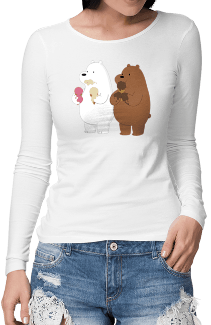 Жіночий лонгслів з принтом "Білий і бурий ведмідь об'їдаються морозивом". Білий ведмідь, бурий ведмідь, морозиво. futbolka.stylus.ua