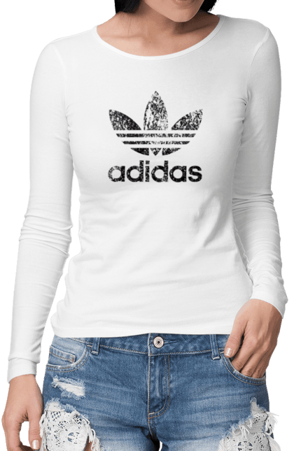 Жіночий лонгслів з принтом "Логотип адідас". Адідас, бренд, емблема, кросівки, логотип, спортивний бренд, спортивний одяг, торнова марка. futbolka.stylus.ua