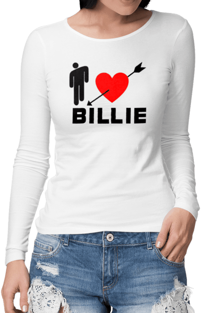 Жіночий лонгслів з принтом "Біллі Айліш". Біллі айліш, логотип біллі айліш, принт біллі айліш, співачка біллі айліш. futbolka.stylus.ua