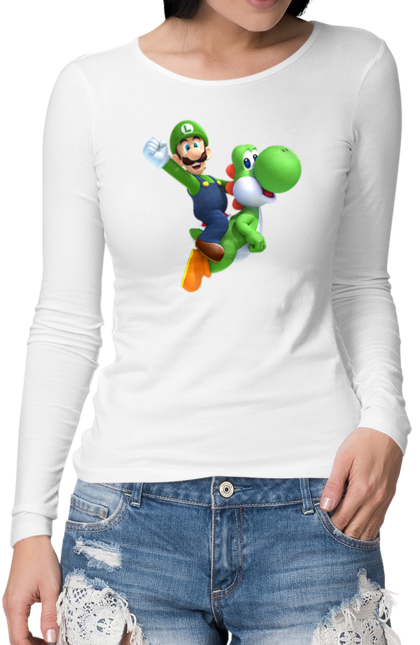 Жіночий лонгслів з принтом "Луїджі Маріо". Mario bros, nintendo, брат, гра, маріо, персонаж. futbolka.stylus.ua