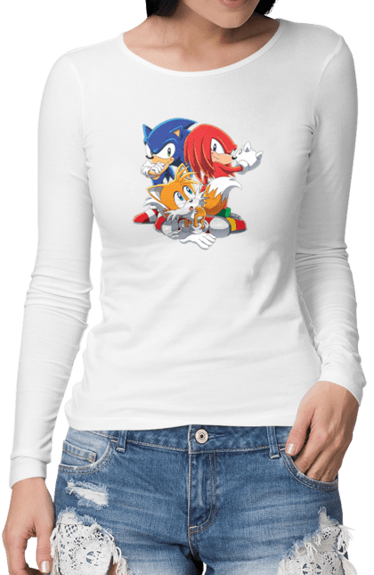 Жіночий лонгслів з принтом "СОНИК". Game, sega, shadow, shadow the hedgehog, sonic, sonic the hedgehog, sonic x, ежик, игра, монетки, сега, соник, шедов. CustomPrint.market