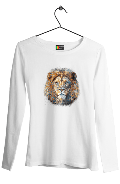 Жіночий лонгслів з принтом "Лев кольоровий". Арт, кіт, лев, мозаїка, тварина. CustomPrint.market