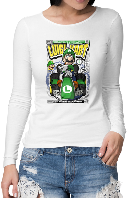 Жіночий лонгслів з принтом "Luigi Karting". Nintendo, playstaion, автомобіль, гра, зелений маріо, луїджі, маріо. Funkotee