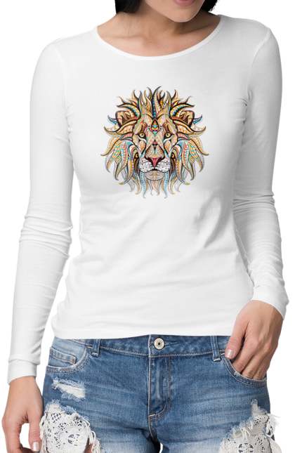 Жіночий лонгслів з принтом "Лев Мозаїка". Лев, мозаїка, тварина. CustomPrint.market