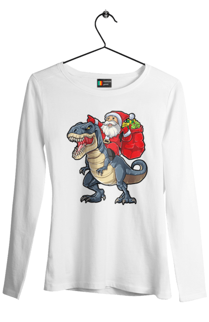 Жіночий лонгслів з принтом "Дід мороз на динозаврі доставляє подарунки". Динозавр, дід мороз, зима, новий рік, подарунки, різдво. Піно