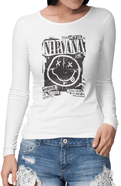 Жіночий лонгслів з принтом "Nirvana San Francisco". Nirvana, важкий рок, любитель музики, меломан, музика, рок н ролл, фанк рок, хард рок. futbolka.stylus.ua