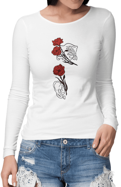 Жіночий лонгслів з принтом "Самбо". Кости, красный, розы, самбо, уникальное, цветы, череп. CustomPrint.market
