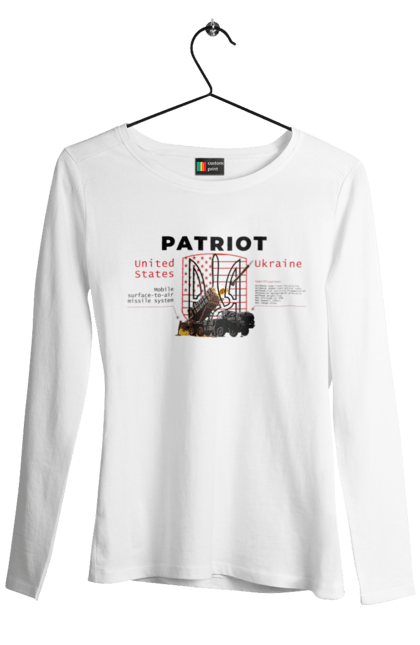 Жіночий лонгслів з принтом "Patriot". Caesar, himars, patriot, залужний, зброя. CustomPrint.market
