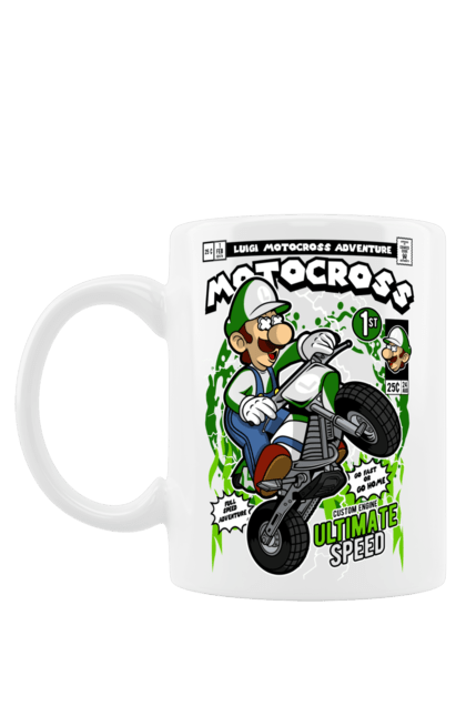 Чашка з принтом "Luigi Motocross". Nintendo, playstaion, автомобіль, гра, зелений маріо, луїджі, маріо. Funkotee