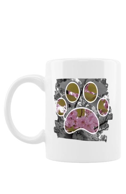 Чашка з принтом "Лапа в квітах". Арт, квіти, лапа, оригінальний, рожевий, сакура, слід, собака. futbolka.stylus.ua