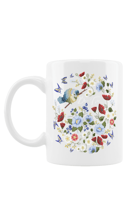 Чашка з принтом "Вишиті квіти". Вишивка, квіти, квітка, метелик, нитка, птах, україна. CustomPrint.market