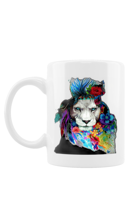 Чашка з принтом "Лев Шаман". Квітковий лев, левкороль, цар всіх звірів, шаман, шаманський лев. CustomPrint.market