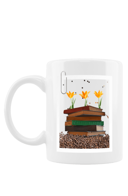 Чашка з принтом "Магія книг". Кава, квіти, квітка, книги, книжки, колаж, креатив, фото. futbolka.stylus.ua
