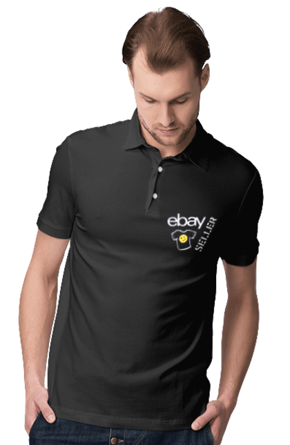 Поло чоловіче з принтом "Продавець футболок". Ebay, бренд, вимова, гумор, ебай, ебей, ібей, лого, маркетплейс, написання. KRUTO.  Магазин популярних футболок