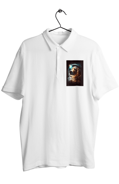 Поло чоловіче з принтом "Собака космонавт". Astronaut, midjourney, астронавт, картинки нейросети, космонавт, космос, миджорни, принт нейросети, собака, создана нейросетью. ART принт на футболках