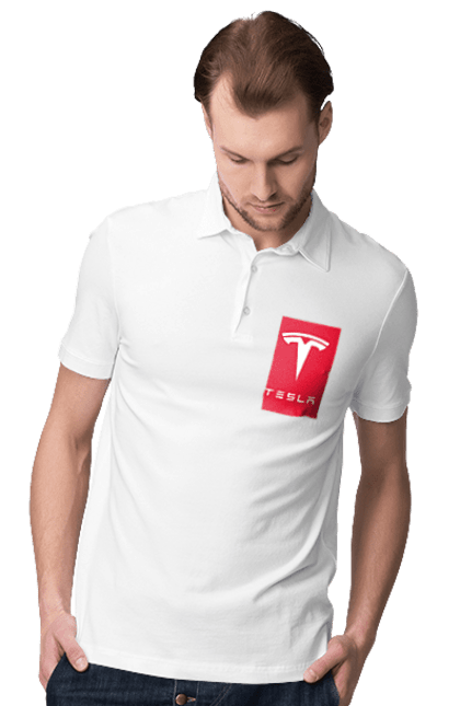Поло чоловіче з принтом "Tesla". Авто, бренд, ілон маск, логотип, тесла. CustomPrint.market