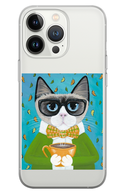 Чохол для телефону з принтом "Кот в светрі і окулярах п'є каву". Кава, кіт, листя, окуляри, осінь, светр. CustomPrint.market