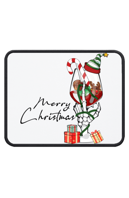 Килимок для миші з принтом "Merry Christmas". Бокал, вино, новий рік, подарунки, різдво, свято, скелет. CustomPrint.market