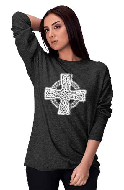 Світшот жіночий з принтом "Кельтский крест". Вікінги, древні руни, кельтский крест, оберіг, руни. CustomPrint.market