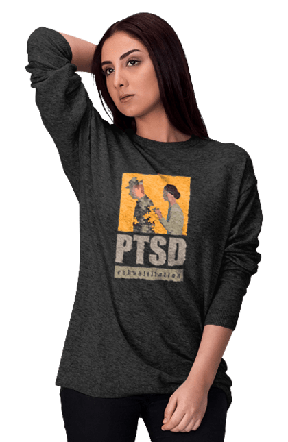 Світшот жіночий з принтом "ПТСР. Реабілітація". Війна, допомога, коучинг, лікування, постравматичний синдром, птср, реаютлітація, травма. Старий Солдат