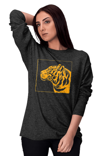 Світшот жіночий з принтом "Тигр помаранчевий профіль". Велика кішка, великий кіт, голова, дика природа, дикий, звір, погляд, портрет, природа, стилізація, тварина, тигр, хижак. ART принт на футболках