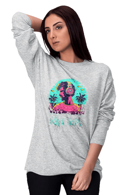 Світшот жіночий з принтом "Lost in the Rhythm". Диджей, клуб, музика, стиль, техно. CustomPrint.market