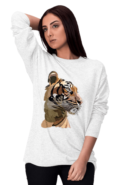 Світшот жіночий з принтом "Профіль тигра". Велика кішка, великий кіт, дика природа, дикий, звір, погляд, портрет, природа, профіль, стилізація, тварина, тигр, хижак. ART принт на футболках