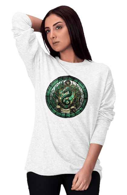 Світшот жіночий з принтом "Slytherin". Hogwarts legacy, playstation, ps5, гаррі поттер, грифіндор, слизерин, хогвартс, школа чаклунства. ART принт на футболках