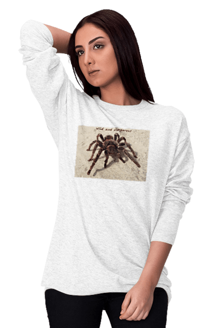 Світшот жіночий з принтом "Павук Птицеед, Тарантул". Бурий, величезний, дика природа, жовтий, мексика, небезпечний, отруйний, отрута, павук, павук птицеед, пісок, природа, птицеед, тарантул. ART принт на футболках