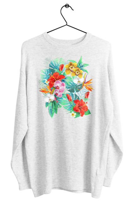 Світшот жіночий з принтом "Тропічні квіти". Білий, букет, гібіскус, жовтий, зелений, квіти, квітка, композиція, листя, мальва, орхідея, природа, рожевий, тропіки, тропічні, червоний, яскраві. ART принт на футболках