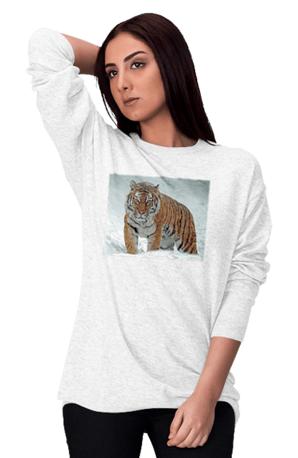 Світшот жіночий з принтом "Тигр у снігу". Велика кішка, великий кіт, дика природа, дикий, звір, зуби, погляд, портрет, природа, стилізація, тварина, тигр, хижак. ART принт на футболках
