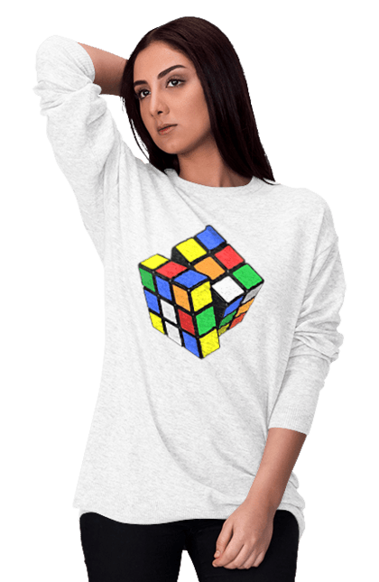 Світшот жіночий з принтом "Кубик Рубика". Головоломка, гра, дозвілля, іграшка, кубик, кубик рубика, різнокольоровий, розвага, рубик, рубика, яскравий. ART принт на футболках