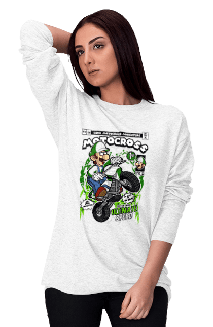 Світшот жіночий з принтом "Luigi Motocross". Nintendo, playstaion, автомобіль, гра, зелений маріо, луїджі, маріо. Funkotee