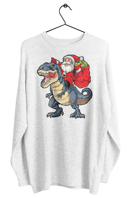 Світшот жіночий з принтом "Дід мороз на динозаврі доставляє подарунки". Динозавр, дід мороз, зима, новий рік, подарунки, різдво. Піно