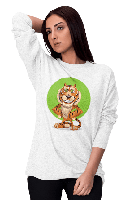 Світшот жіночий з принтом "Гарний тигр". Велика кішка, великий кіт, дика природа, дикий, звір, погляд, портрет, природа, стилізація, тварина, тигр, хижак. ART принт на футболках