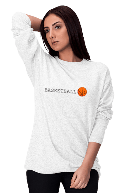 Світшот жіночий з принтом "Баскетбол". Атлетика, баскетбол, гра, здоровий спосіб життя, команда, командний, м`яч, помаранчевий, спорт, спортсмен, текст, чорний. ART принт на футболках